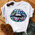 Wholesale Clothes Women's Maycaur Lipstick Diamond Graphic Sexy Lip Print White Pattern PlusSize T-shirt Girl's Top ShortSleeve