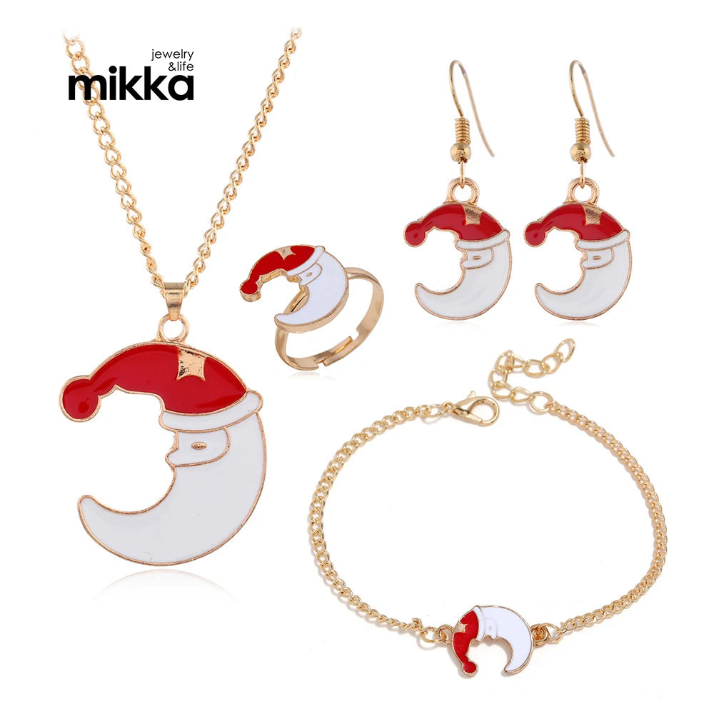 Christmas Four Piece Gifts Set Personalized Oil Dripping Santa Bell Necklace Earring Ring Bracelets Set Jewelry for Women Gift