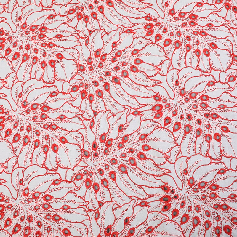 Stock Red Eyelet Cotton Embroidery Fabric Plant Knitted Technique for Wedding Clothing Home Decoration Embroidered Accessories