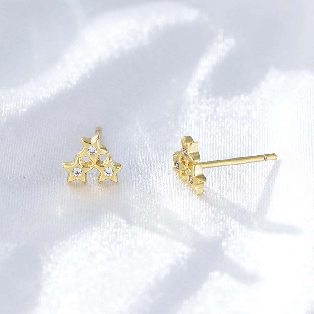 Delicate Shiny Jewelry Psj Brass 18k Gold Plated Cubic Zircon Three Star Stud Earrings for Women Girls