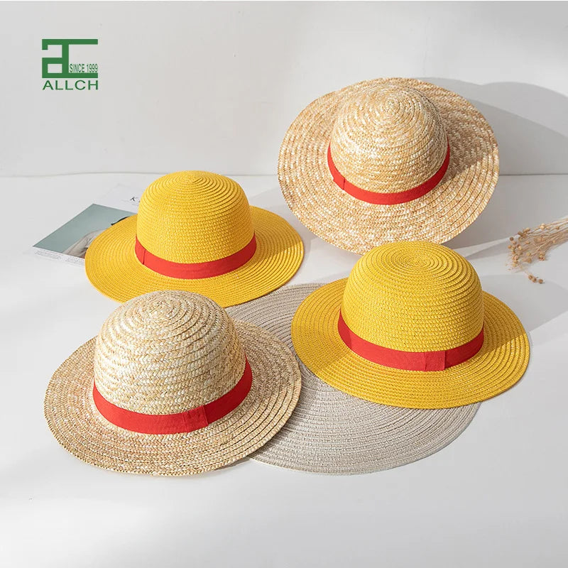 ALLCH Children Summer Beach Cap Foldable Visor Luffy Straw Hat With Wide Brim Wholesale Ribbon Natural Salt Grass Cowboy Style