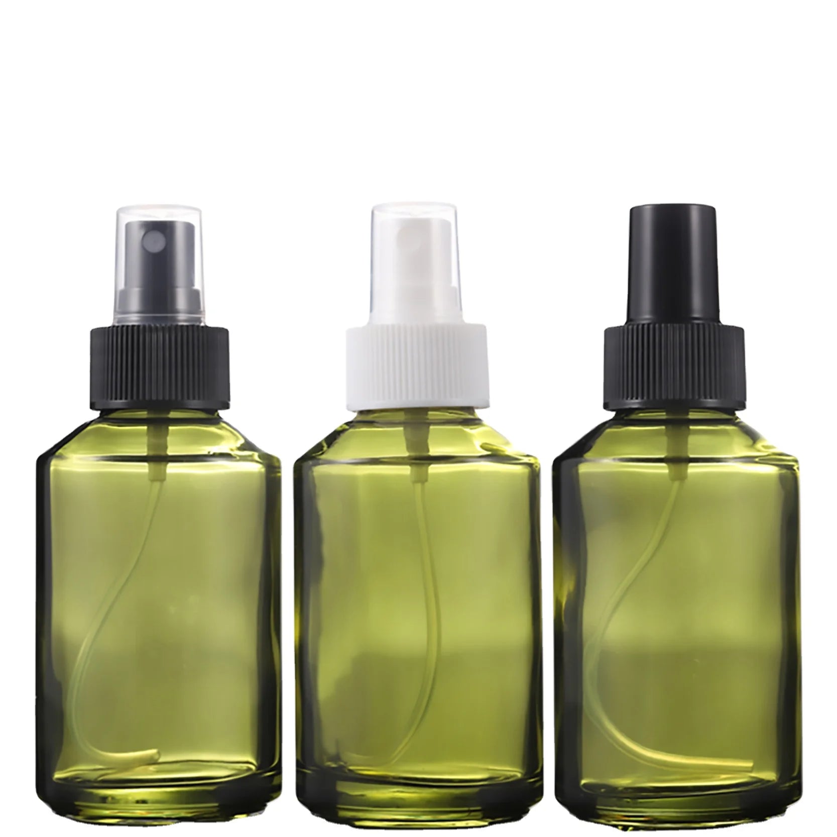 125ml Flat Sloping Shoulder Green Color Serum Hair Essential Oil Amber Pump Glass Spray Bottle Black Dropper Set