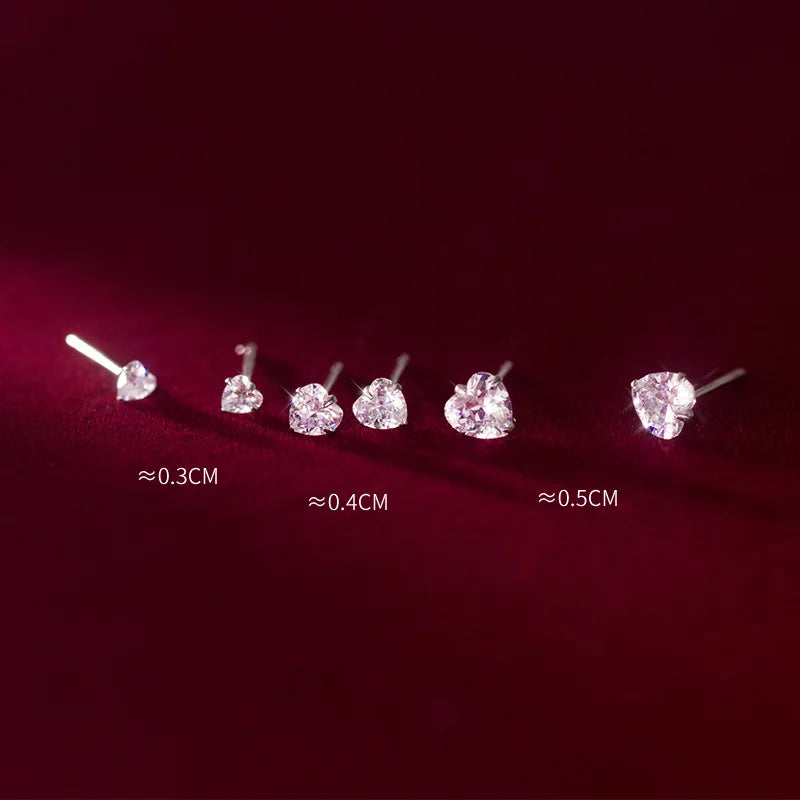 Authentic 925 Sterling Silver Sweet 3MM/4MM/5MM Clear Zircon Love Heart Stud Earrings for Women Sterling Silver Jewelry Gift