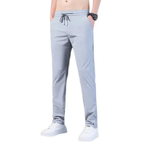 Men Fast Dry Stretch Pants Ice Silk Trousers Solid Color Mid-Waist Loose Breathable Straight-Leg Casual Pants Thin Sports Pants