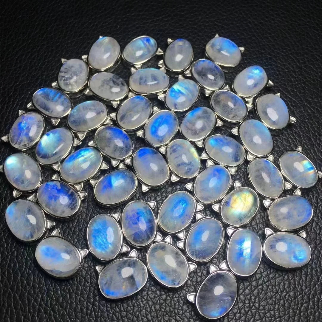 Wholesale Natural Crystal 925 Silver Cat Head Blue Moonstone Box Style Pendant DIY Instagram Popular Style Clavicle Chain