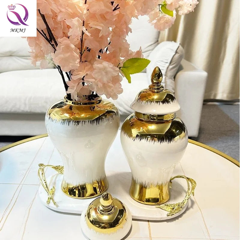 Hot Sale Living Nordic Vase White and Gold Ginger Jar Ceramic Flower Vase for Modern Home Decor