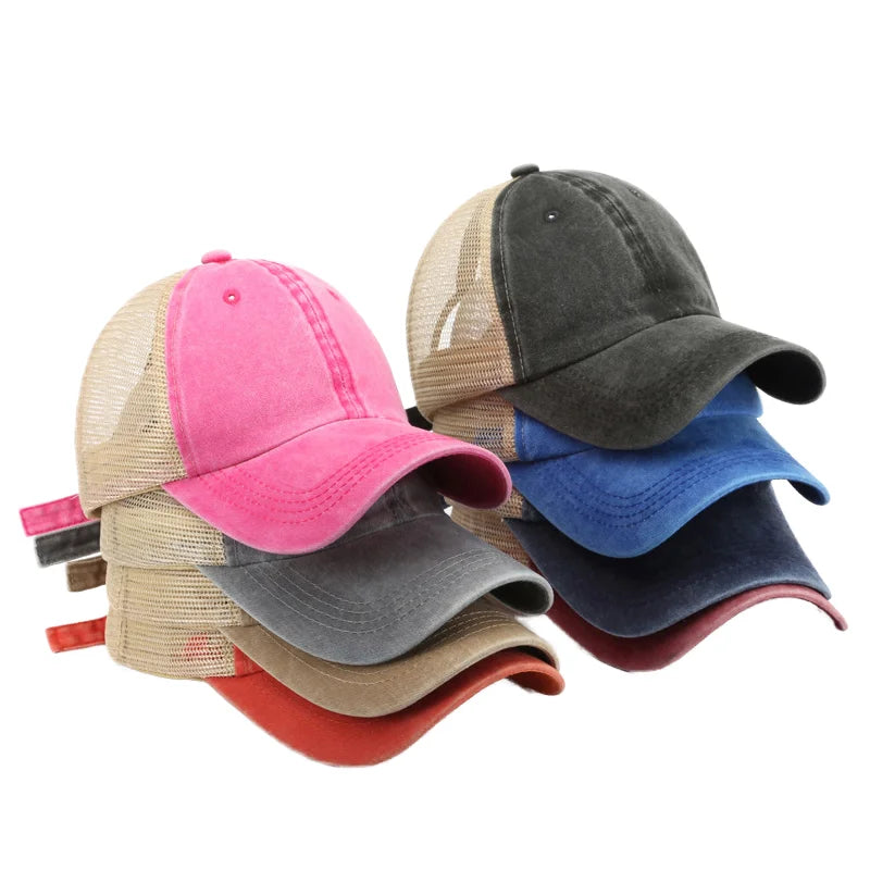 Washed Baseball Cap Outdoor Cotton Solid Color Plain Mesh Hat Stylish and Versatile Sun Shade Trucker Hat for Men and Women
