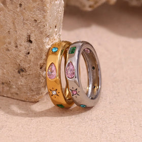 Dreamshow Valentines Day Gift Colorful Zircon Signet Ring Gold Plated Stainless Steel Rings Women