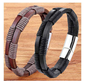 European American Fashion Popular Stainless Steel Magnetic Buckle Unisex Charm Punk Style Cowhide Leather Bracelet Gift
