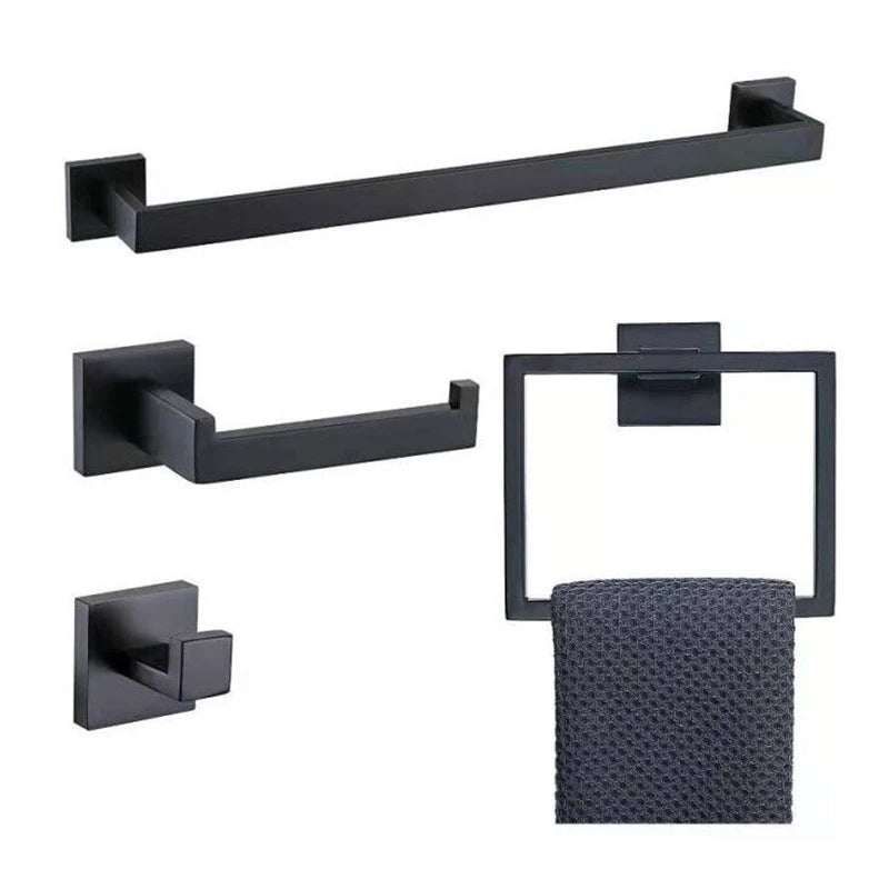 Set of 4 Black Wall Mounted SS304 Bathroom Accessories Square PC Hardware Rack for Home and Hotel Use