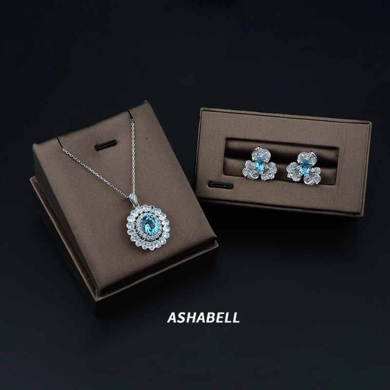 Wholesale Fine Blue Jewelry Set 5A CZ ICE CUT 925 Sterling Silver Flower Earrings Jewelry Set for Wome Gift