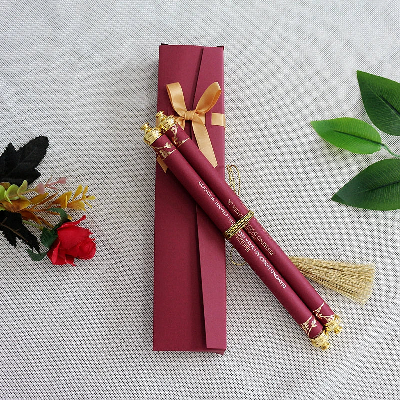 Customized Gold Foil Scroll Wedding Invitation Paper and Tassel Ribbon with Quality Box for Wedding Events