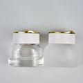 Super September Special Design 30g 50g 40ml 100ml 120ml Flat Round Transparent Frosted Glass Face Cream Jars with White Gold Lid