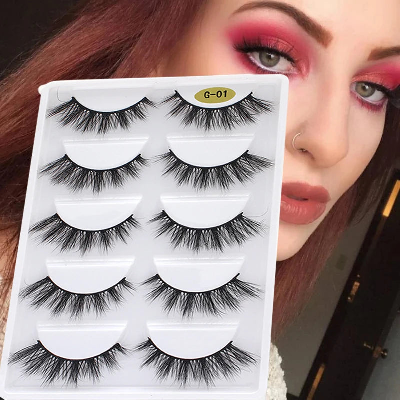 5Pairs 3D Faux Mink Hair Lashes Natural Wispy Long Cross Handmade Multilayer Reusable Thick False Eyelashes Extension
