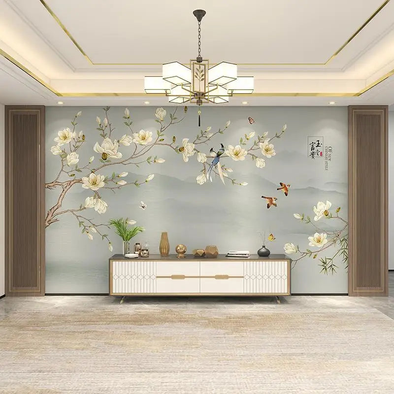 Tv Background Wallpaper Magnolia Flowers And Birds Simple Landscape Living Room Bedroom Bedside Decoration Mural Wall Covering