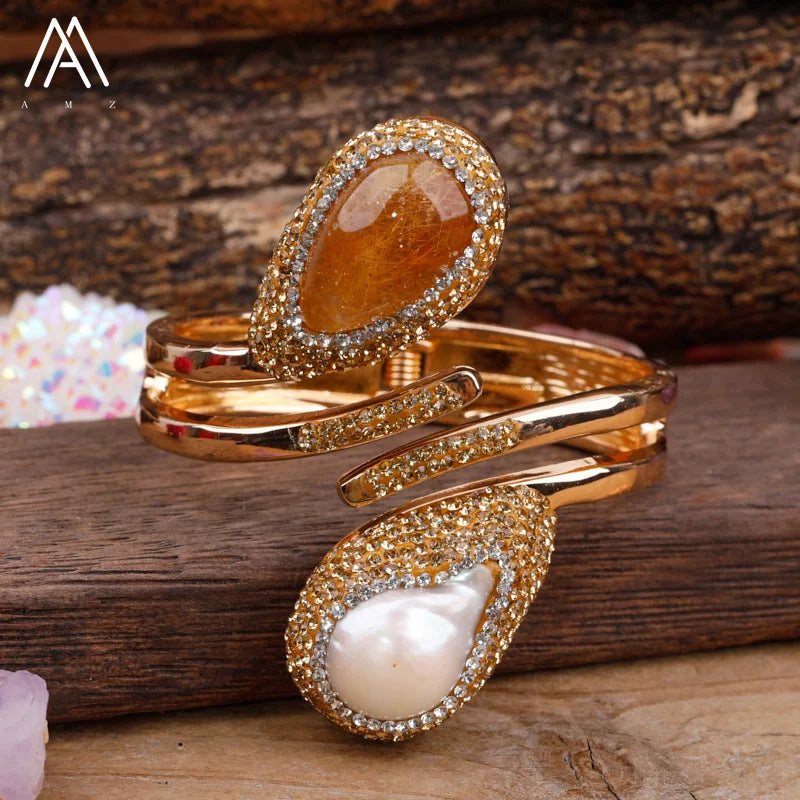 Luxury Bracelet  Top Quality  Gold Rutilated Quartz Baroque Pearl Golden Bangle for Women Wedding Jewelry