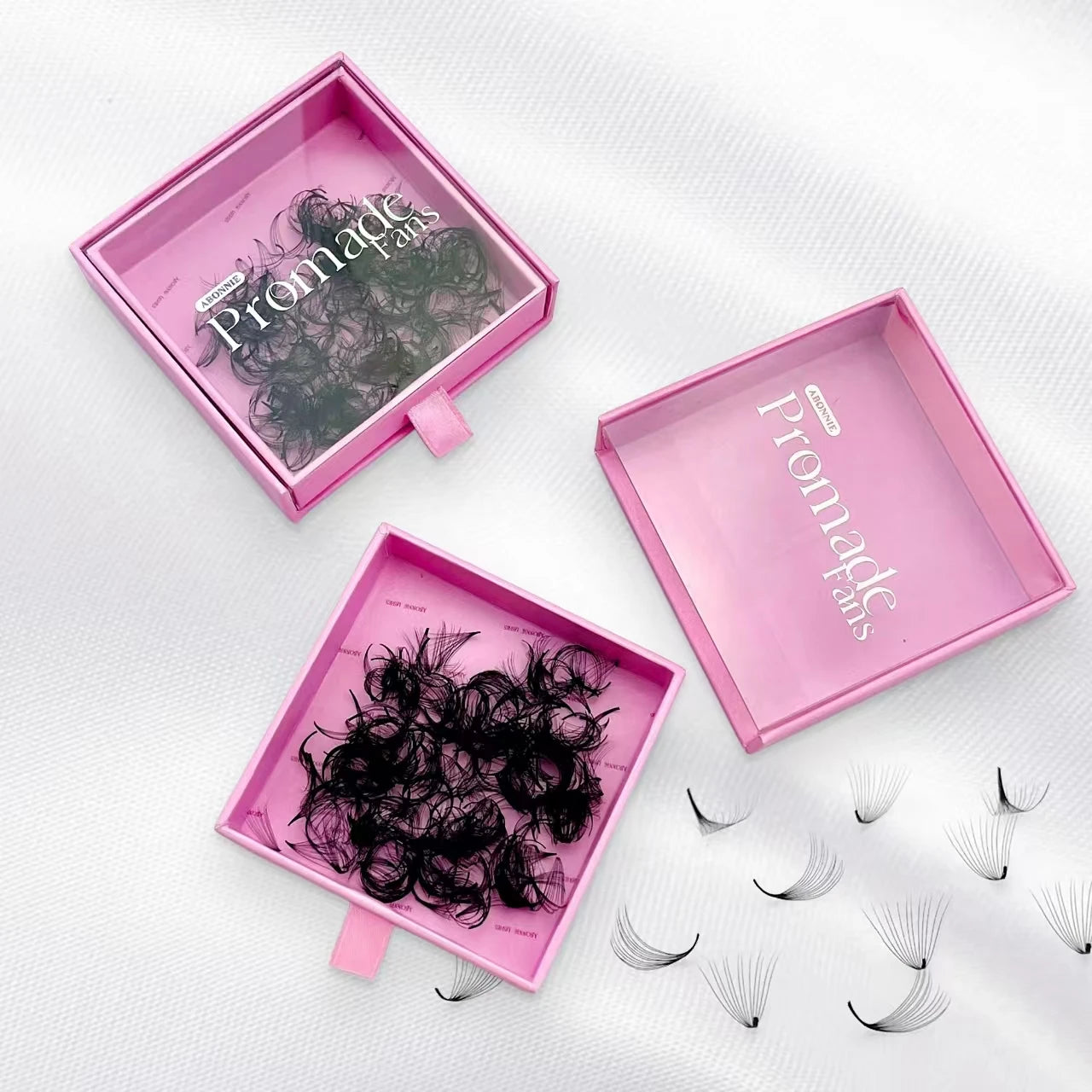 Abonnie Korean Pbt 0.05 Long Stem Loose Pro Made Volume Lash Fans 16D 20D Pointy Base Loose Lash Trays Mink Speed Promade Fans