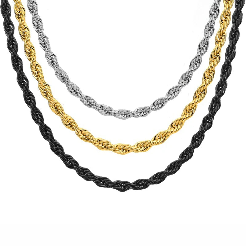 Waterproof Mens 18K Gold Rope Chain Necklace Wholesale Fashion Stainless Steel Silver Gold Black Plated 6mm Rope Chain for Men
