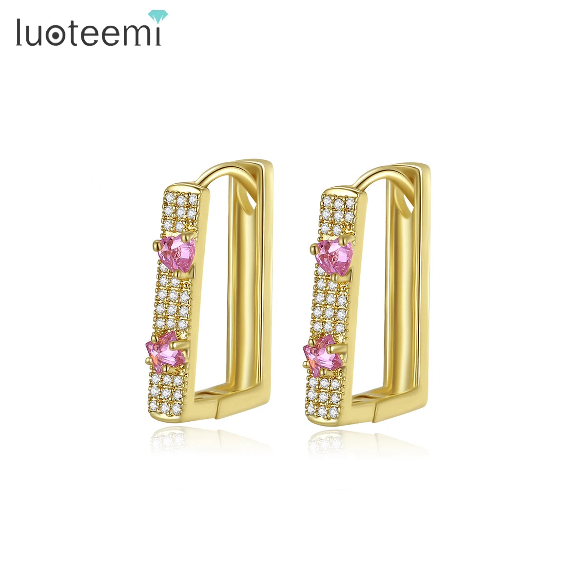 LUOTEEMI Elegant Luxury Design Korean Fashion Lady Earing Cubic Zirconia Small Woman Clip on Geometric Earrings
