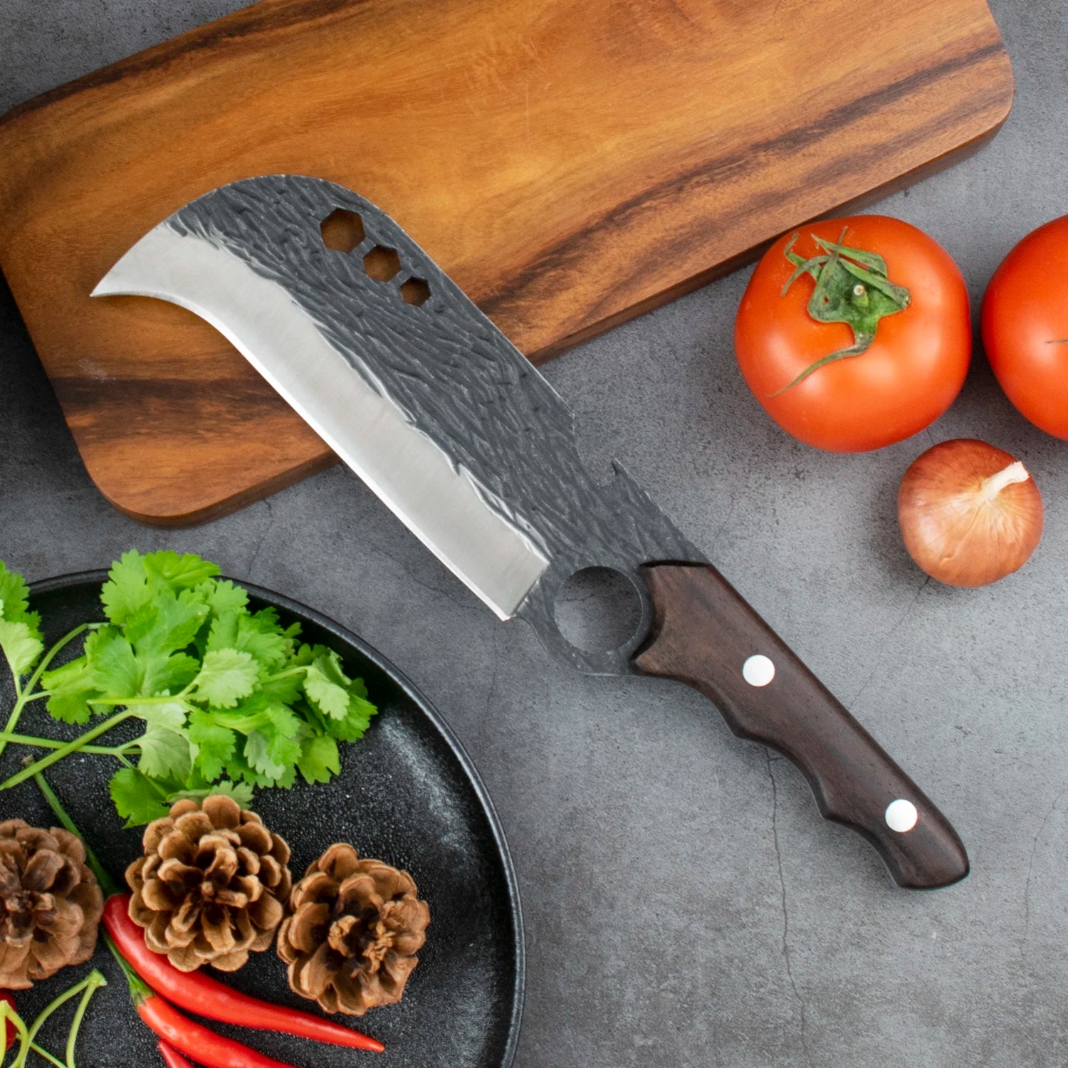 Factory Dropship Full Tang Hunting Serapian Hammered Blade Hole Leather Sheath Camp Knife Butcher Knife