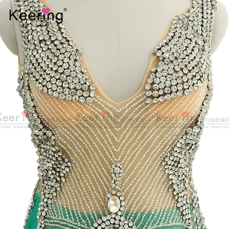 WDP-065 Rhinestone Beaded Crystal Bridal Parting Evening Dress