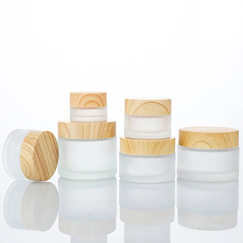 BYPE Luxury Empty Frosted Clear Glass Jars 5g-100g Refillable Cream Cosmetic Jars with Wood Grain Screw Cap for Face Cream Use