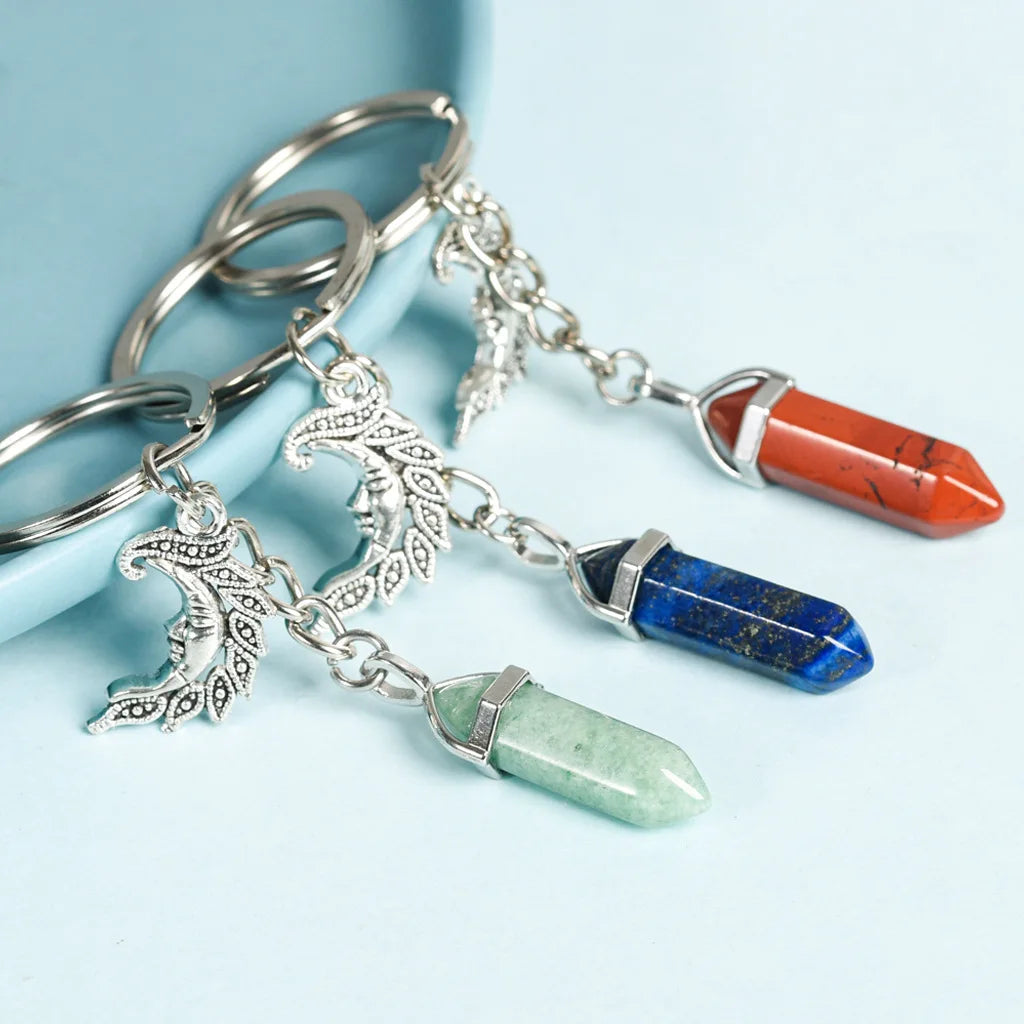 Natural Stone Key Chain Natural Rose Quartz Amethyst Hexagon Pendant Fatima Palm Crystal Key Ring Gemstone Gift