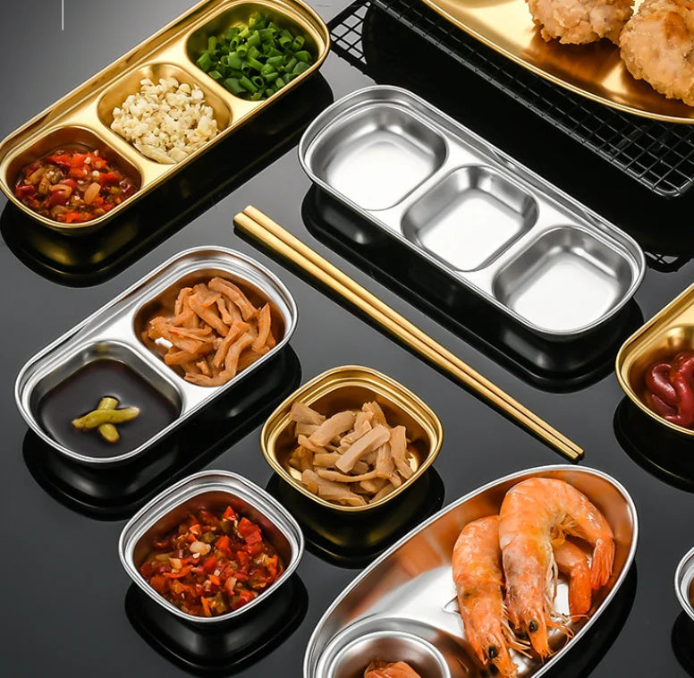 Stainless Steel Korean Design Rectangle There Grid Dipping Sauce Dish Tray Barbecue Dipping Dish for Restaurant Hotel Party Use