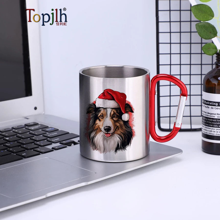 Topjlh 300ml Stainless Steel Mug Carabiner Handle Microwave Safe Custom Sublimation DIY Printing for Mother's Day Camping Cold