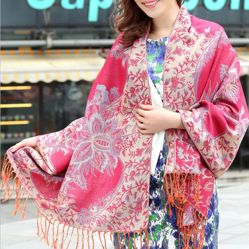 Classical Ethnic Retro Style Long Tourism Scarf Cotton Lurex Shawl with Fringed Flowers Winter Polyester Wrap