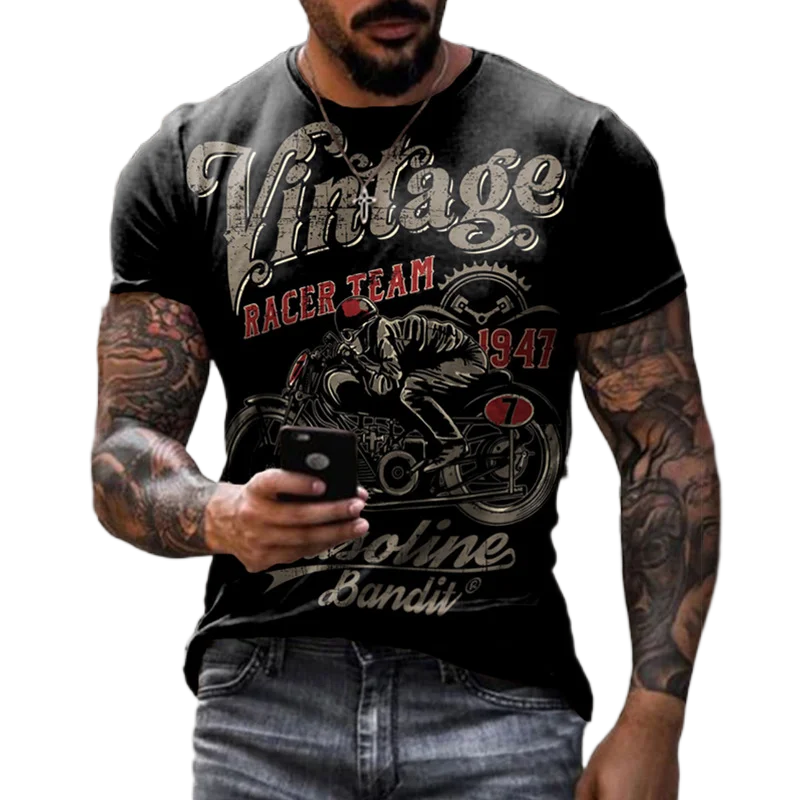Fitspi Vintage Men's T Shirt 3d Motorcycle Oversized Tshirts  Biker Racing T-shirts Motor Tees Tops