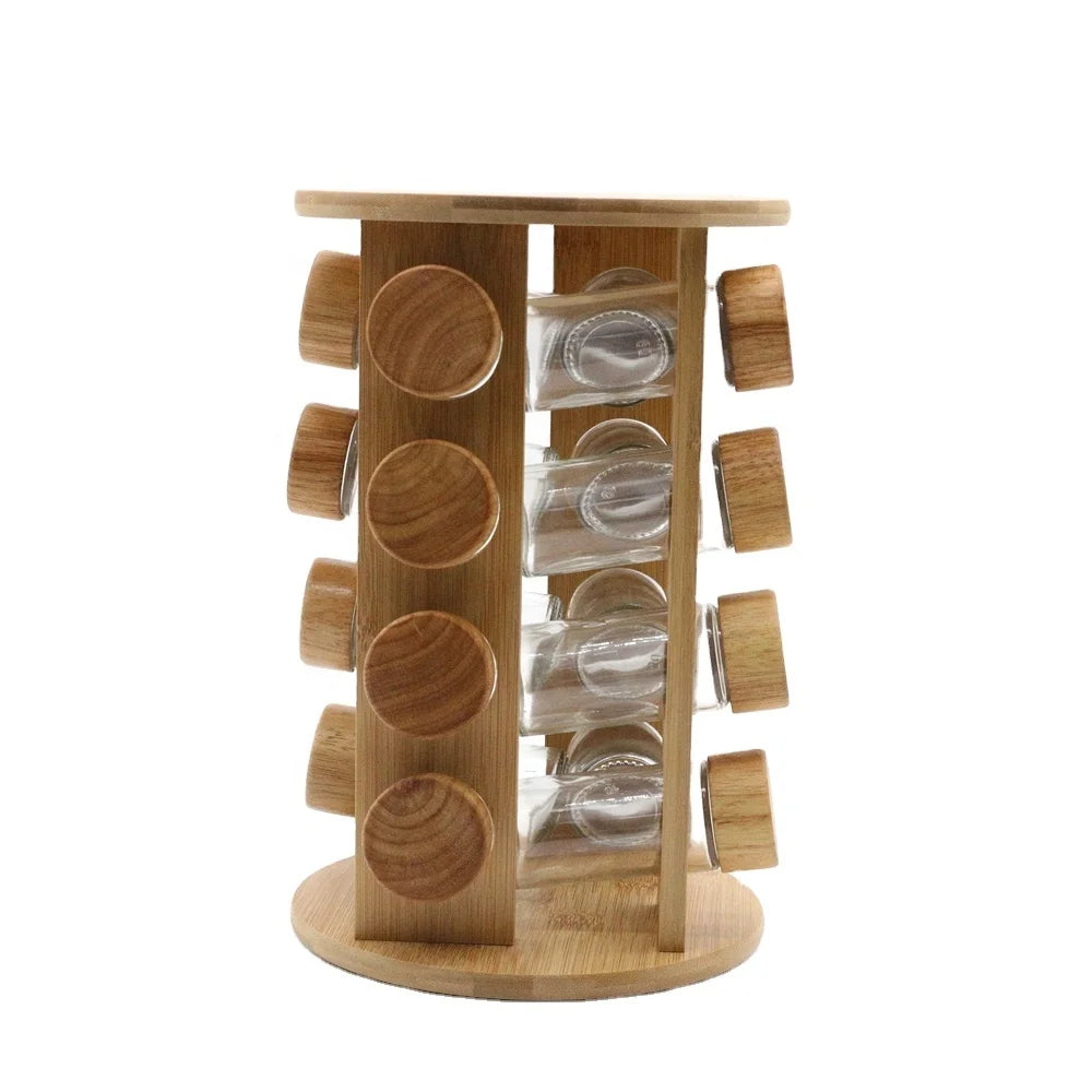 Sample Available  Wholesale Kitchen Bamboo Wooden Rotating Revolving Spice Organizer Jar Rack Set  with 16 Glass Jar