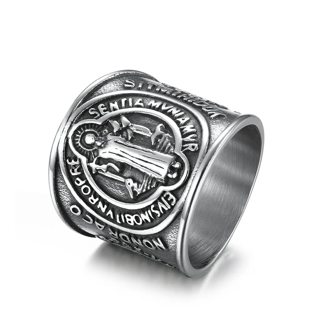 Retro Style Viking Ring Stainless Steel Antioxidant Northern Europe Worship Mysterious Cross Wide Edge Ring for Male Men