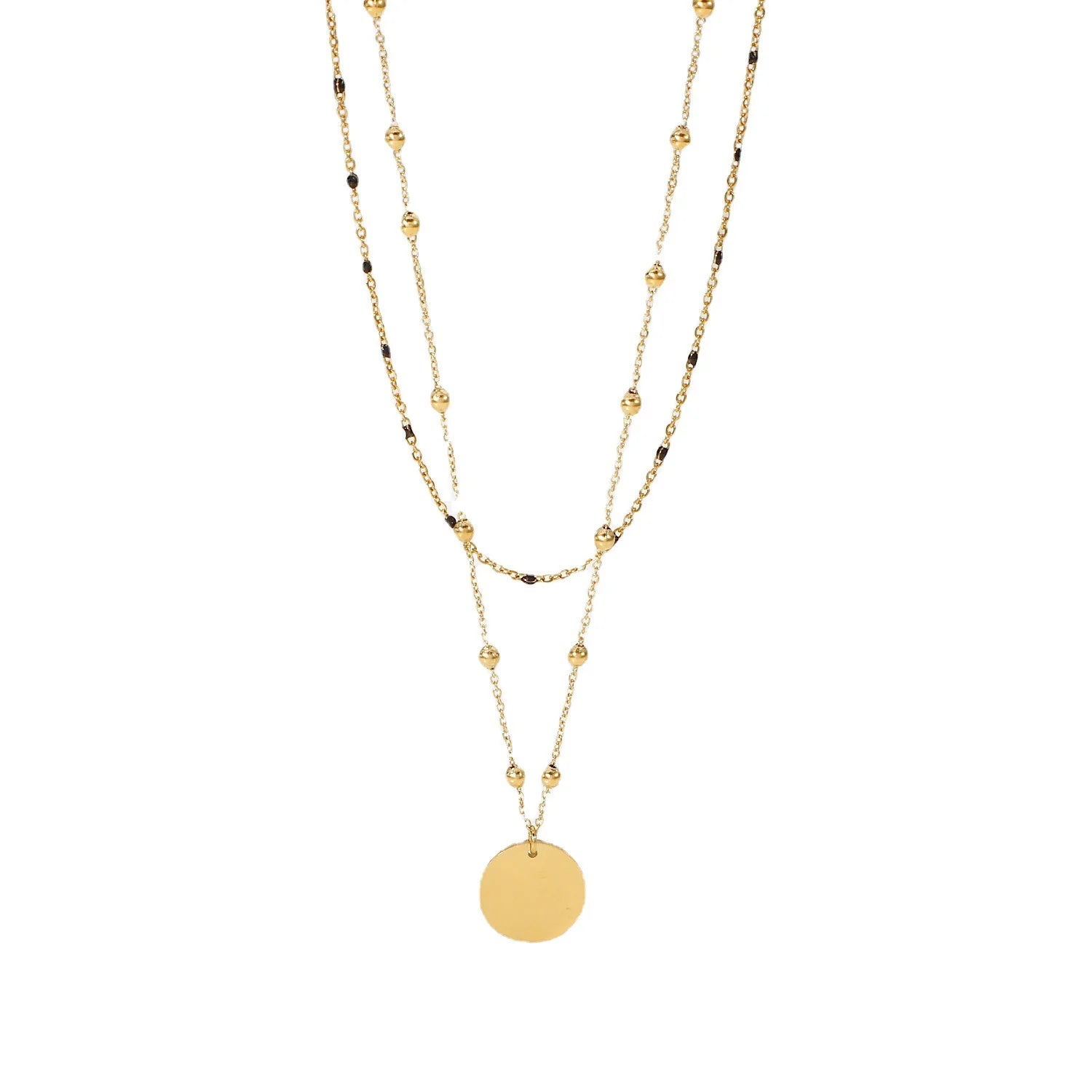 14K Gold Unisex Necklace with Double round Bead Disc Pendant Classic Geometric Style Stainless Steel Black Rice Fashion Gift