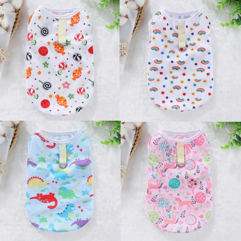 Fashion Candy Color Printing Summer Cooling Xs Dog Clothing Luxury Pet Clothes With Traction Rope Hook