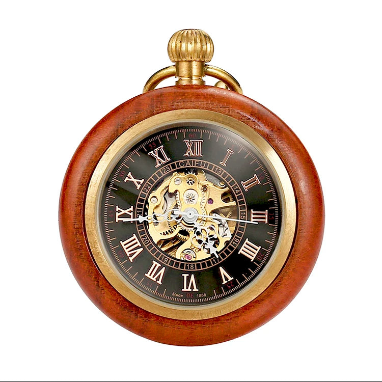 BOSHIYA Antique Design Wooden Case Open Face Mechanical Pocket Watch with Roman Numeral Dial and Brass Alloy Strap