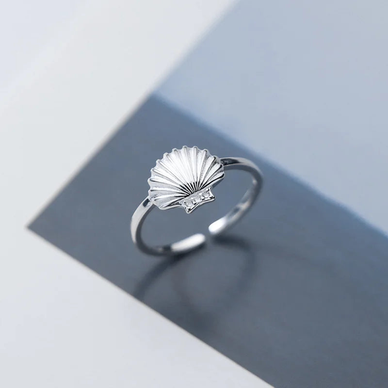 925 Sterling Silver Shell Shape Ring Adjustable Open Finger Knuckle Zircon Rings Fashion Jewelry for Women Girls