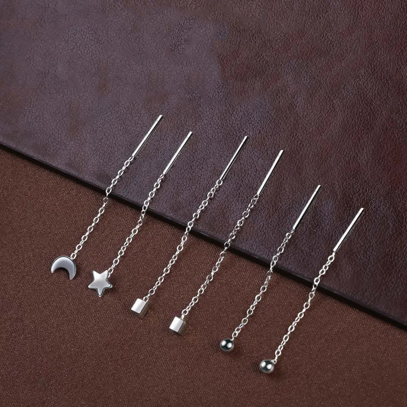 4.5cm 7cm Tiny S999 Sterling Silver Star Heart Moon Clover Butterfly Charm Ear Thread Earrings for Girl Women Gifts