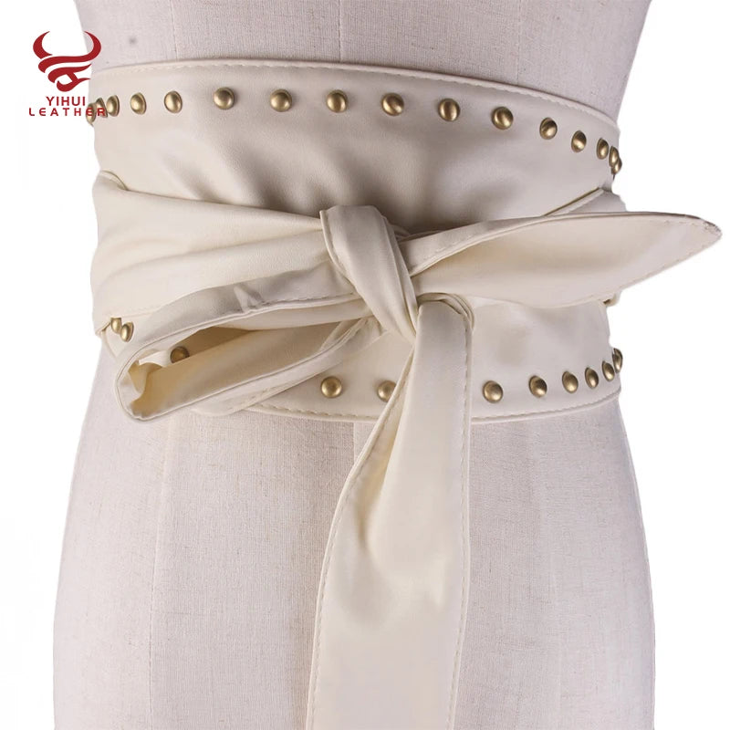 Smooth  PU Leather Belts Ladies Ultra Wide Corset Shirt Buckle Free Wild Waistband With Studs Women OBI Belt