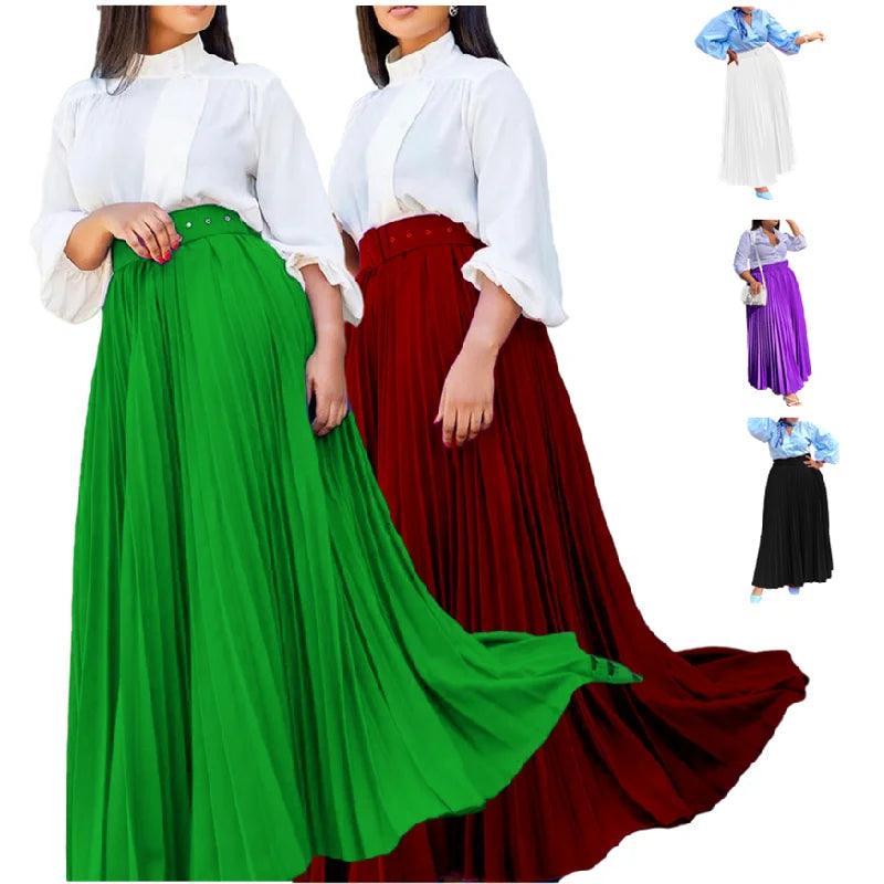 C8499P Custom LOGO Label Tags Packaging A-Line Skirts for Women Pleated Skirts Elegant Ladies Long Skirt With Free Belt