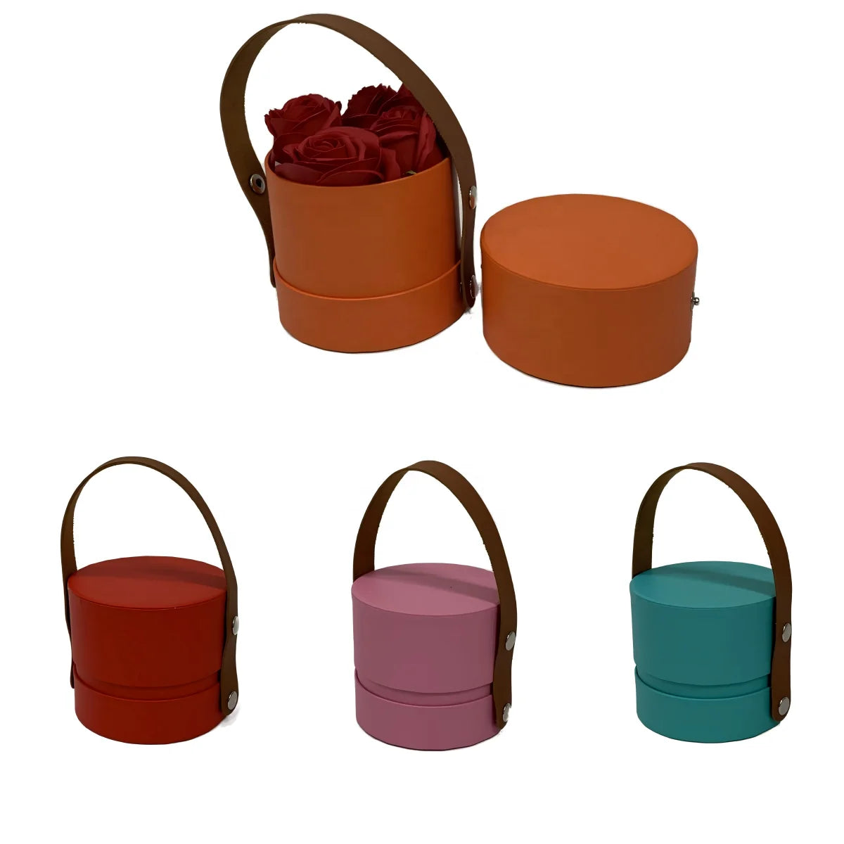 Spot (accept Custom)  Solid Color Round Single Hug Bucket Flower Gift Box Flower Box Round Bucket Box with Handle Leather