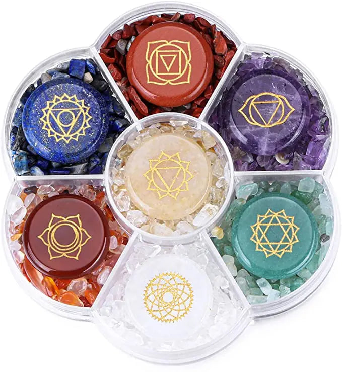 Natural Reiki Healing 7 Chakra Crystals Gemstones with Engraved Chakra Symbol Tumbled Polished