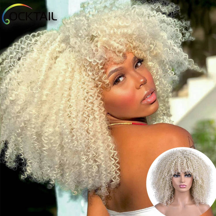 African Synthetic Ombre Cosplay Wigs High Temperature Short Hair Afro Kinky Curly Wigs With Bangs For Black Women