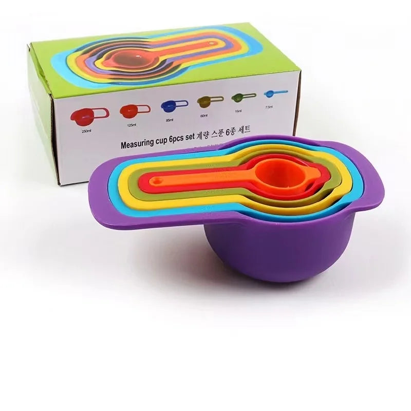 Eco-Friendly PP Plastic Colorful 7-Piece Measuring Cups Spoons Set Home Kitchen Use 7.5ml-250ml Capacity Hand Wash Only Color
