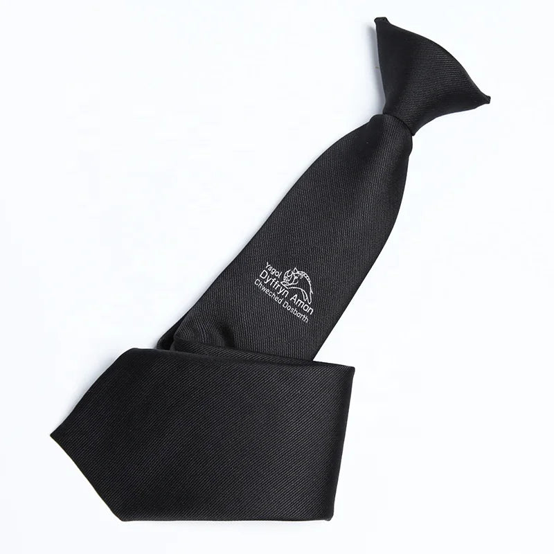 Men's Custom Logo Formal Clip on Tie School Uniform Polyester Woven Jacquard Durable Black Student Necktie