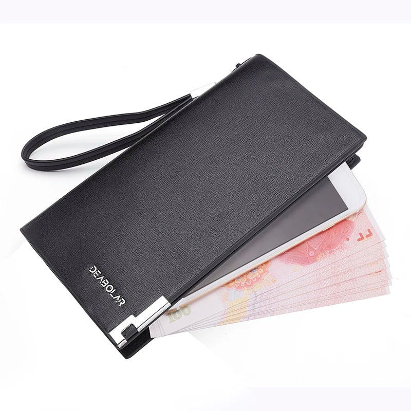 New Men's PU Leather Long Casual Metal-Edged High-Quality Men's Clutch with Handle Strap