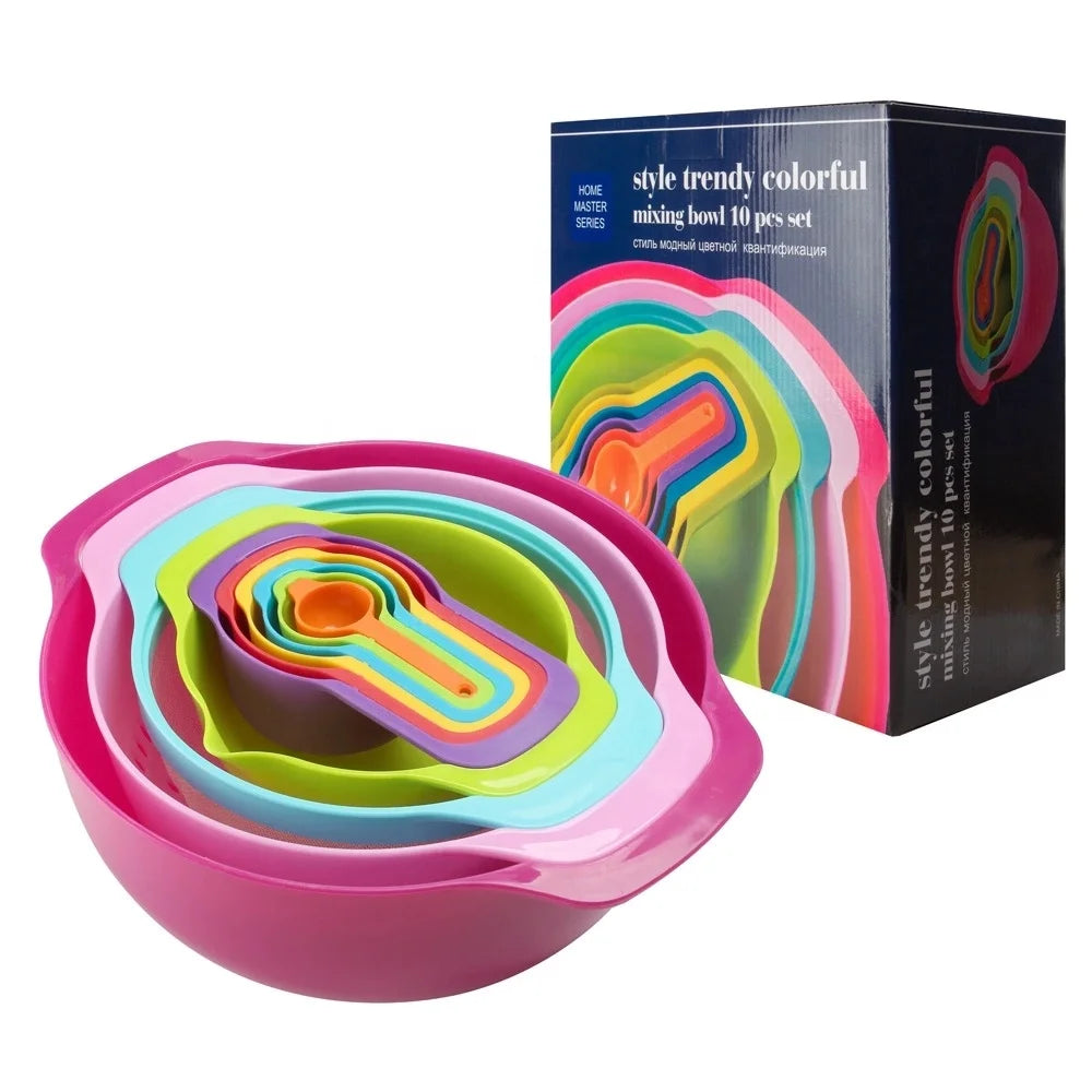 10pcs Stackable Rainbow Colorful Plastic Mixing Bowl Colander Washing Basket Mesh Sieve Measuring Cup Measuring Spoon Bowl