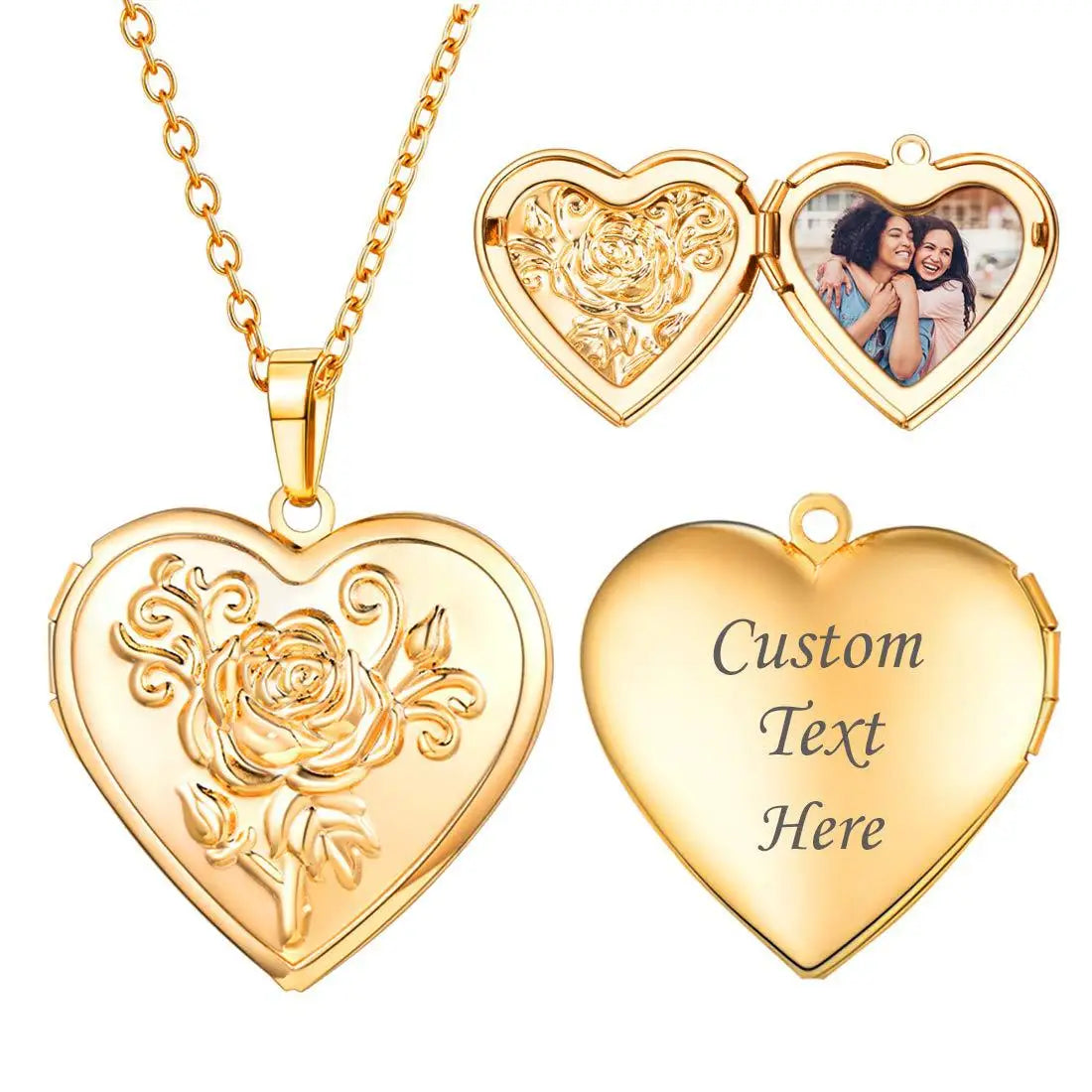 New Romantic Stainless Steel Rose Flower Carving Heart Pendant Necklace With Photo Frame Women Letter Jewelry Gift