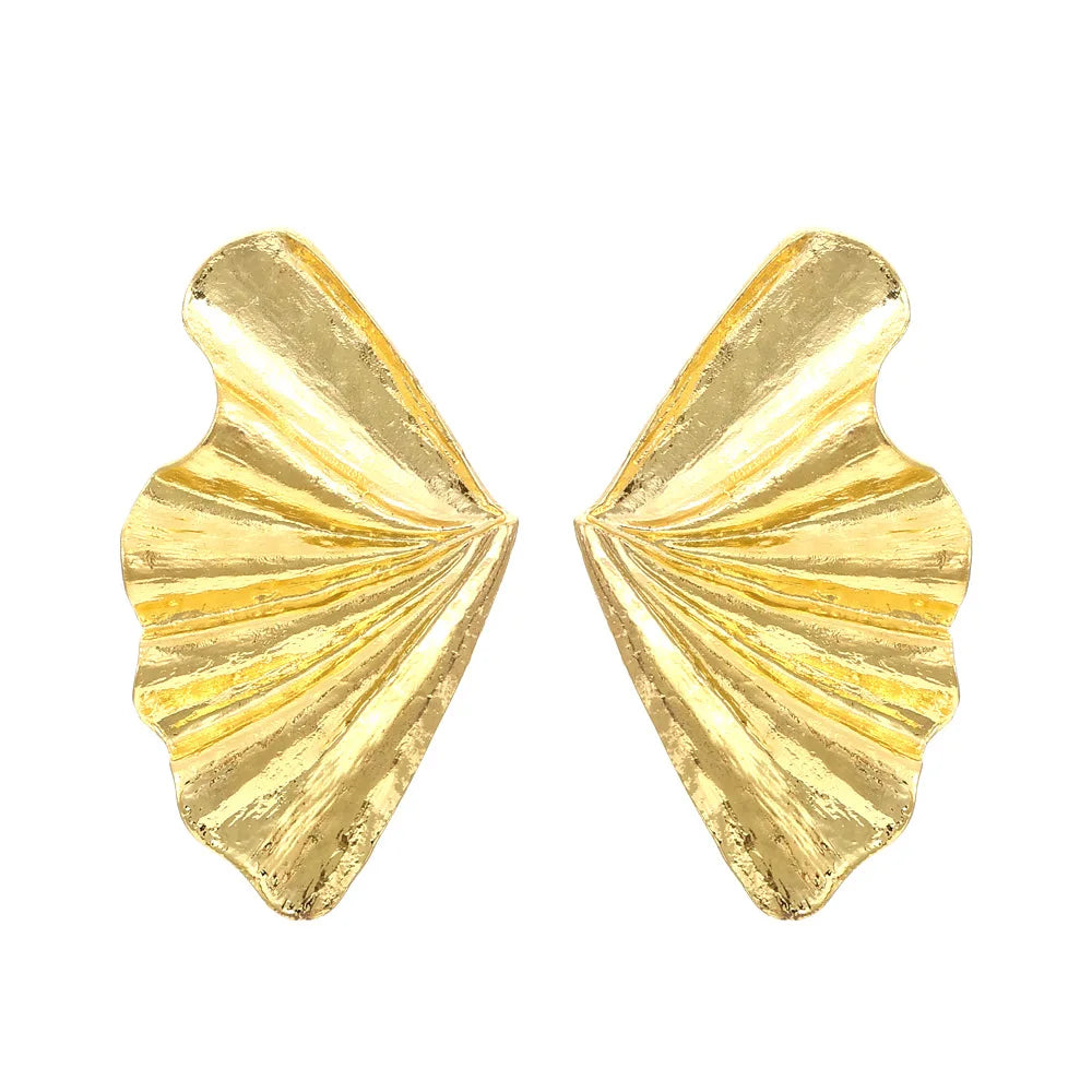 2022 Factory Vintage Pleated Metal Leaf Earrings Exaggerated Gold Plated Fan-shaped Leaf Earrings for Women Girls