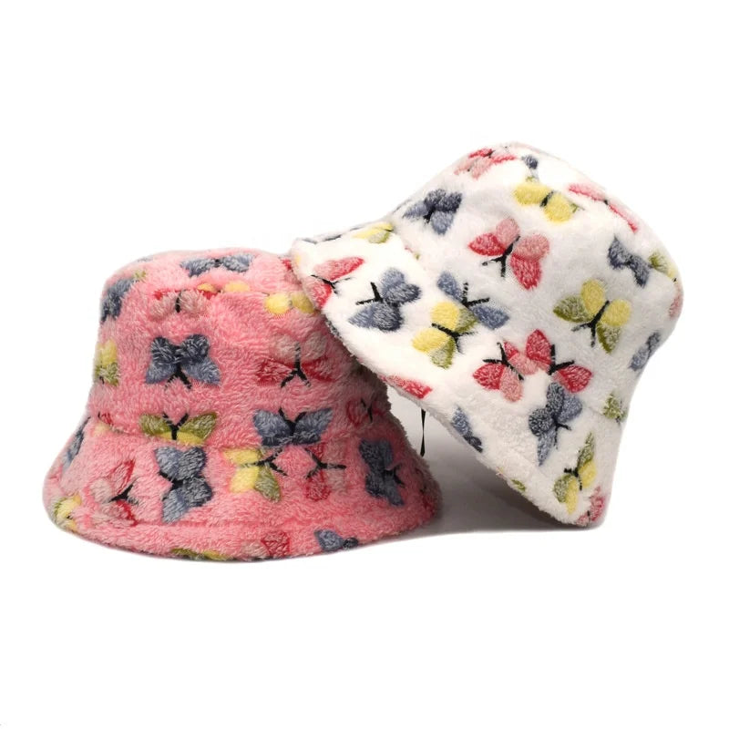 Landfond Accessory Winter Bucket Hat Fluffy Faux Fur Fisherman Cap for Women Soft Bucket Hats